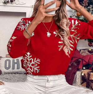Snowflake Pattern Long Sleeve Sweater, Casual Christmas